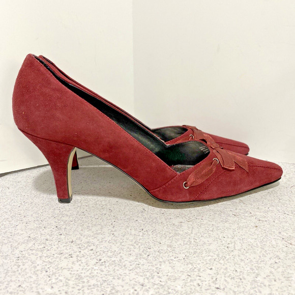 Franco Sarto Impala burgundy suede leather pumps high heels bow details US 8.5M - Picture 11 of 11